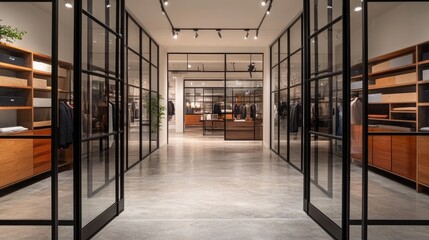 Steel frame with thin wooden panels dividing zones in a boutique, balancing openness and privacy