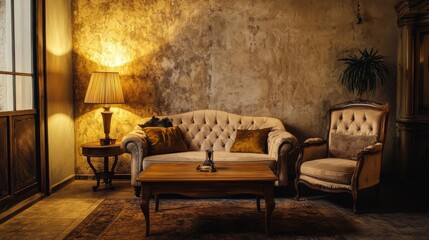 1.Cozy living room interior with a plush sofa, elegant armchair, and a wooden table adorned with a warm glow from vintage-style lamps, set against a backdrop of textured walls in a serene evening