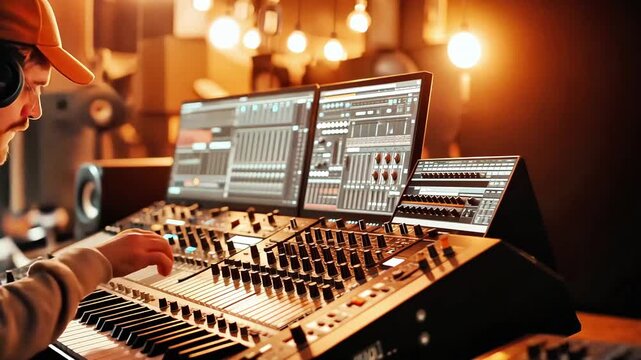 Creating Music in Modern Studio Musicians Journey with Synthesizers, Audio Workstations, and Technology for Vibrant Sound Production and Creativity.