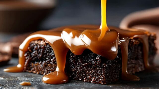 Rich chocolate brownie with thick caramel sauce dripping over the top, decadent dessert close-up, gourmet indulgence, sweet and tempting food photography on dark background

