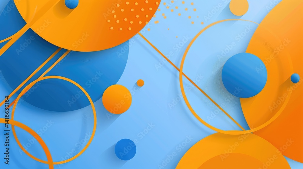 Poster abstract geometric shapes in blue and orange color palette. various circles and lines. digital artwo