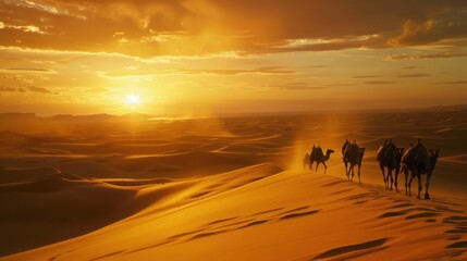 Camel Caravan at Sunset in the Sahara