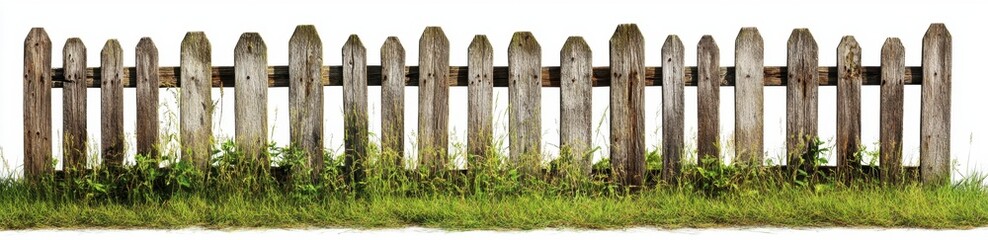 Naklejka premium Rustic Wooden Fence Surrounded by Green Grass and Wild Plants