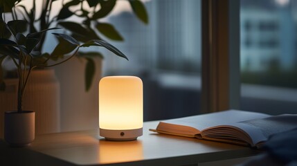 49.A warm bedside lamp emitting a gentle glow, placed on a minimalistic table alongside a hardcover book, accentuating the calm and modern interior design.
