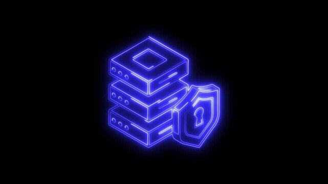 Glowing neon database icon 4k,  isolated on black background. HD Video motion graphic animation