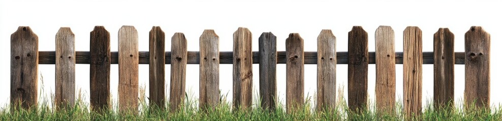 Fototapeta premium Wooden Fence with Varying Textures and Colors on Grass Background