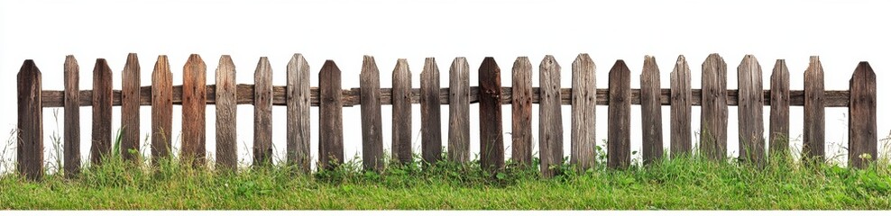 Naklejka premium Wooden Picket Fence Surrounded by Green Grass on Bright Background