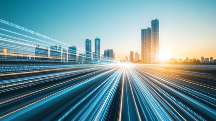 Digital pathways converge on a modern city skyline.