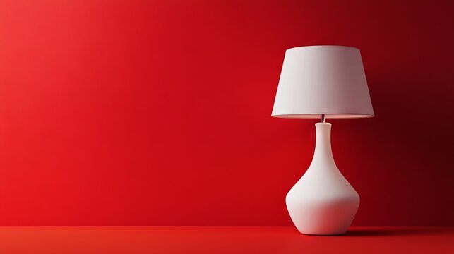 64.Modern white table lamp with a matte finish positioned against a vivid red background, the clean lines and negative space drawing attention to the subject.