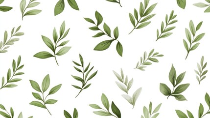 watercolor pattern of olive green foliage on a white backdrop offering versatile botanical elements for backgrounds and decorative applications
