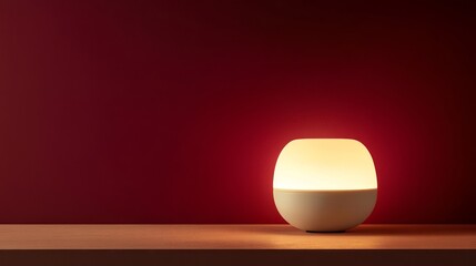 72.Minimalist white table lamp with a sleek and rounded design, illuminated gently against a rich red background, creating a stark and elegant contrast.