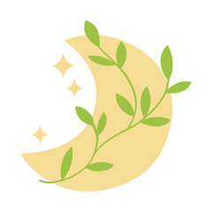 Crescent Moon with Leaves and Stars Illustration