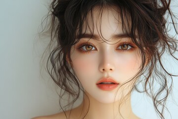 Close-up portrait of a young woman with dark, wavy hair and subtle makeup