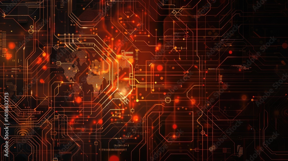 Poster glowing orange circuit board with detailed lines and patterns on a dark background. digital art for 