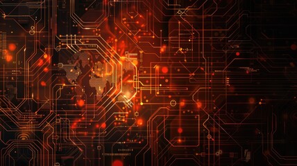 Glowing orange circuit board with detailed lines and patterns on a dark background. Digital art for design. Abstract image of wireframe or motherboard with glowing color with electronic parts. AIG53.