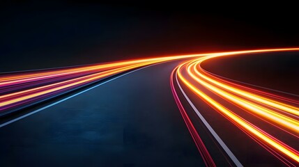 The image shows a dark road curving to the right, with streaks of bright orange and pink light representing fast-moving vehicles at night.