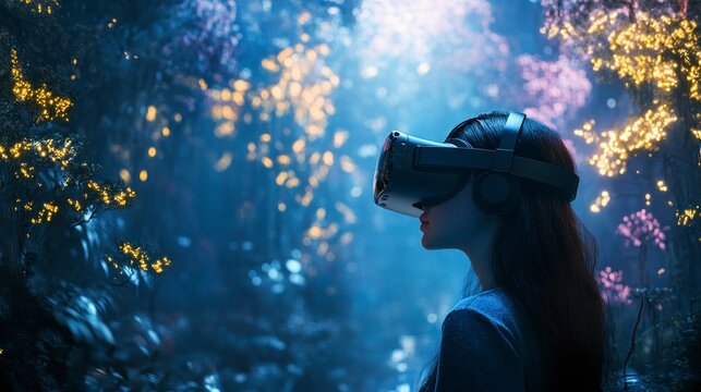 Experiencing virtual realms: woman exploring the digital ecosystem with headset