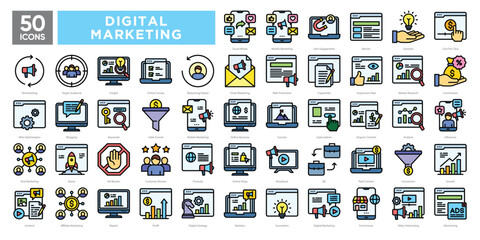 Digital marketing icons collection set, covering SEO, social media, email, analytics, content strategy, and online advertising. Ideal for campaigns, presentations, and marketing materials .