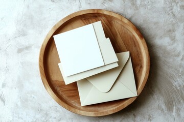 Blank cards and envelopes on wooden plate