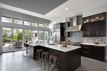 Fototapeta premium Modern Minimalist Kitchen with Dark Cabinets, White Countertops and Large Windows