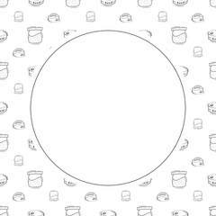 kitchen utensil frame. doodle kitchenware circle frame. kitchen background