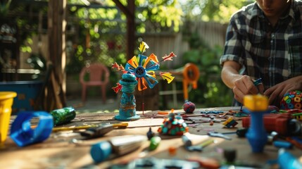 Picture of skillful artist concentrate working on DIY art create mini windmill with artistic technique. Joyful hobby for artisan relaxing with creating small wind spinner decorated on template. AIG61.