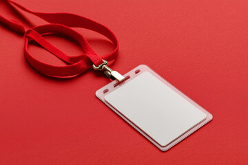 Clear ID badge mock-up with blue strap on a solid background.