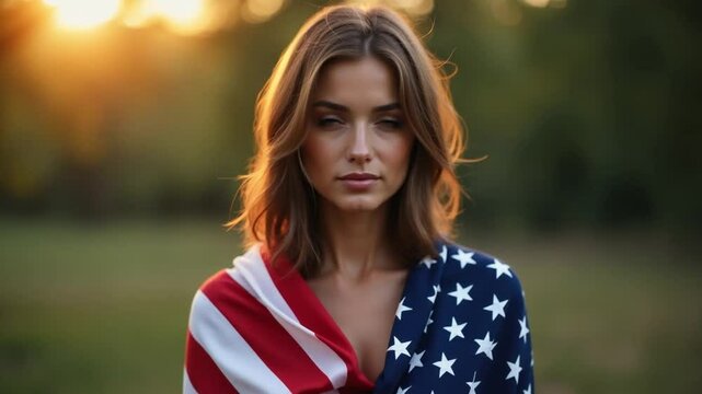 Woman Celebrating Independence Day with American Flag &ndash; Patriotism, Freedom, and National Pride

