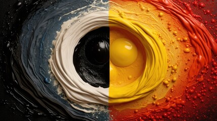 Half black and half white circle with rainbow and foam details. Abstract 3D design for digital art and backgrounds. Background image of with multi colored and black color with contrast color. AIG51.