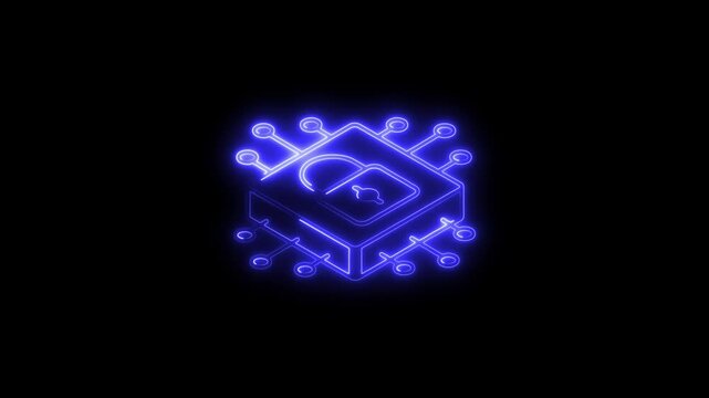 Glowing neon door lock icon 4k  isolated on black background. HD Video motion graphic animation