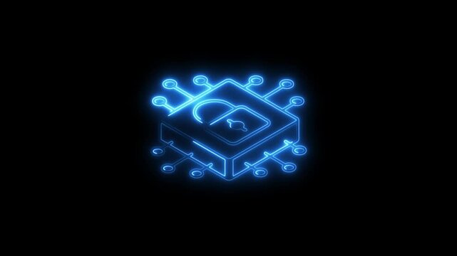 Glowing neon door lock icon 4k isolated on black background. HD Video motion graphic animation