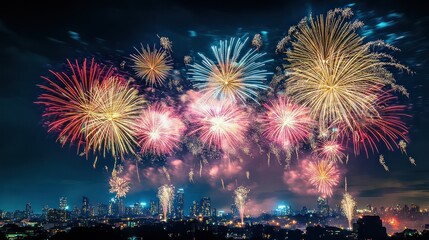 Captivating Fireworks Display Illuminating the Cityscape on a Festive Night