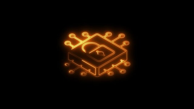 Glowing neon door lock icon 4k  isolated on black background. HD Video motion graphic animation