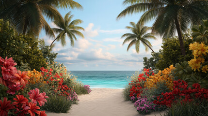 Fototapeta premium Tropical beach paradise with vibrant flowers and turquoise sea