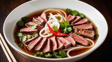 A steaming bowl of Vietnamese pho showcases tender beef slices, rice noodles, fresh herbs, lime, and spicy chili on a rich wooden background