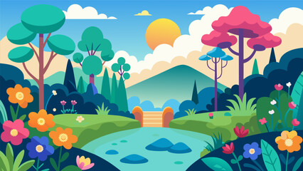 Fototapeta premium A peaceful garden filled with colorful flowers and gentle streams designed to calm your mind and provide a break from screens.. Vector illustration