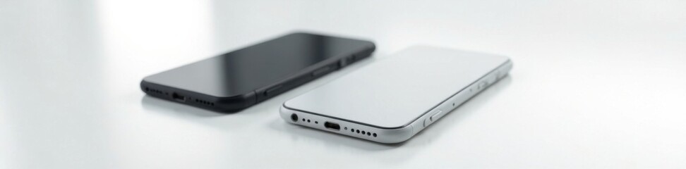 Sleek black and white mobile phone duo on a bright white surface with blank screens facing forward, duo, background, silhouette