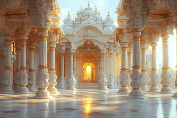 Ornate White Temple With Golden Accents And Columns Bathed In Sunlight