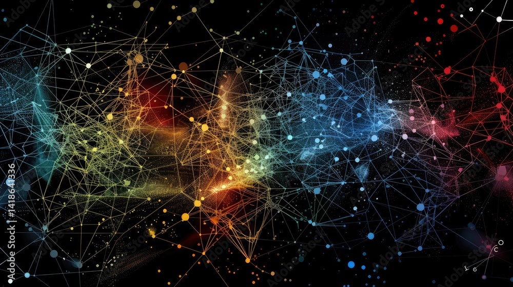 Poster explore an abstract data visualization showcasing colorful connections and nodes, representing the i