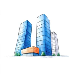 Tableau sur plexiglas Aquarelle gratte-ciel Watercolor Cityscape Illustration of Blue and Orange Skyscrapers  © Teerapon