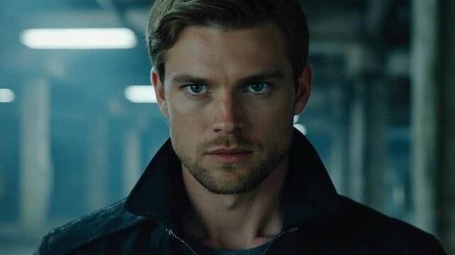 Close up of a confident man with piercing blue eyes looking directly at the camera with a neutral expression indoors