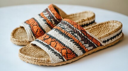 Stylish, woven sandals with intricate patterns.
