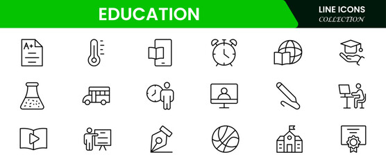 Outline icons of education, studying, and science. Includes the human brain, fields of study, graduation, school, university, and knowledge. Designed for web, mobile, and promo materials. Vector illus