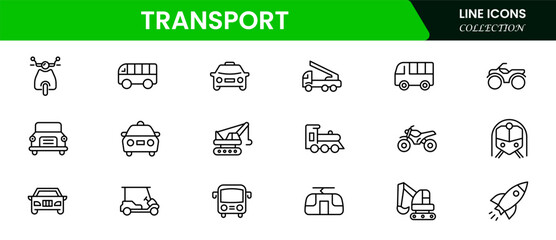 Transport icon set. Containing car, bike, plane, train, bicycle, motorbike, bus, and scooter icons. line icon collection. Vector illustration web line icon collection