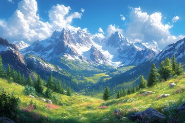 Fototapeta premium Majestic Snow Capped Mountains And Lush Valley Under A Sunny Sky