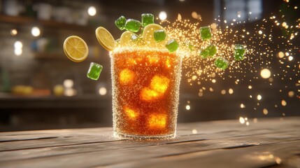 Glowing Ice Cubes and Lemon in Brown Soda Drink