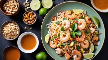 Colorful Thai pad thai served with shrimp, garnished with fresh herbs and lime, includes peanuts, sauce, and sprouts on an elegant black table setting