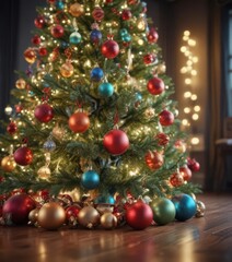 Fototapeta premium Ornate Christmas tree, vibrant baubles, soft bokeh lights , winter, vibrant, baubles
