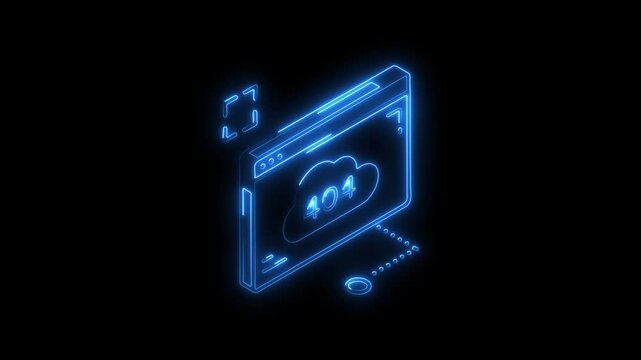 Glowing neon error-404 icon 4k isolated on black background. HD Video motion graphic animation
