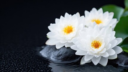 Obraz premium White lotus flowers blooming on dark water surface, close-up of delicate petals and yellow centers, and serene and elegant composition.